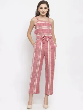 Women Red & Off-White Striped Basic Jumpsuit