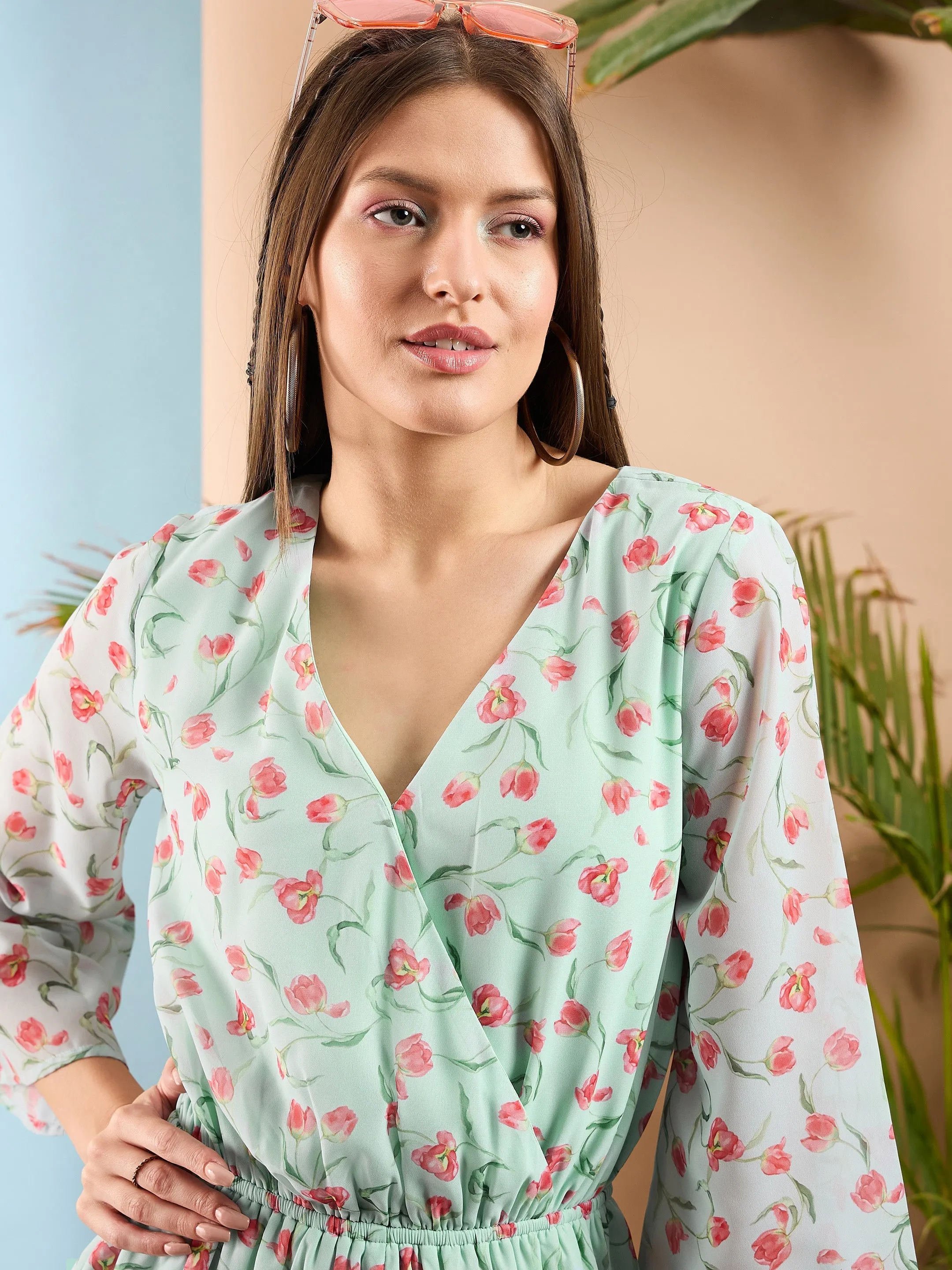 Women Sea Green Floral Wrap Romper