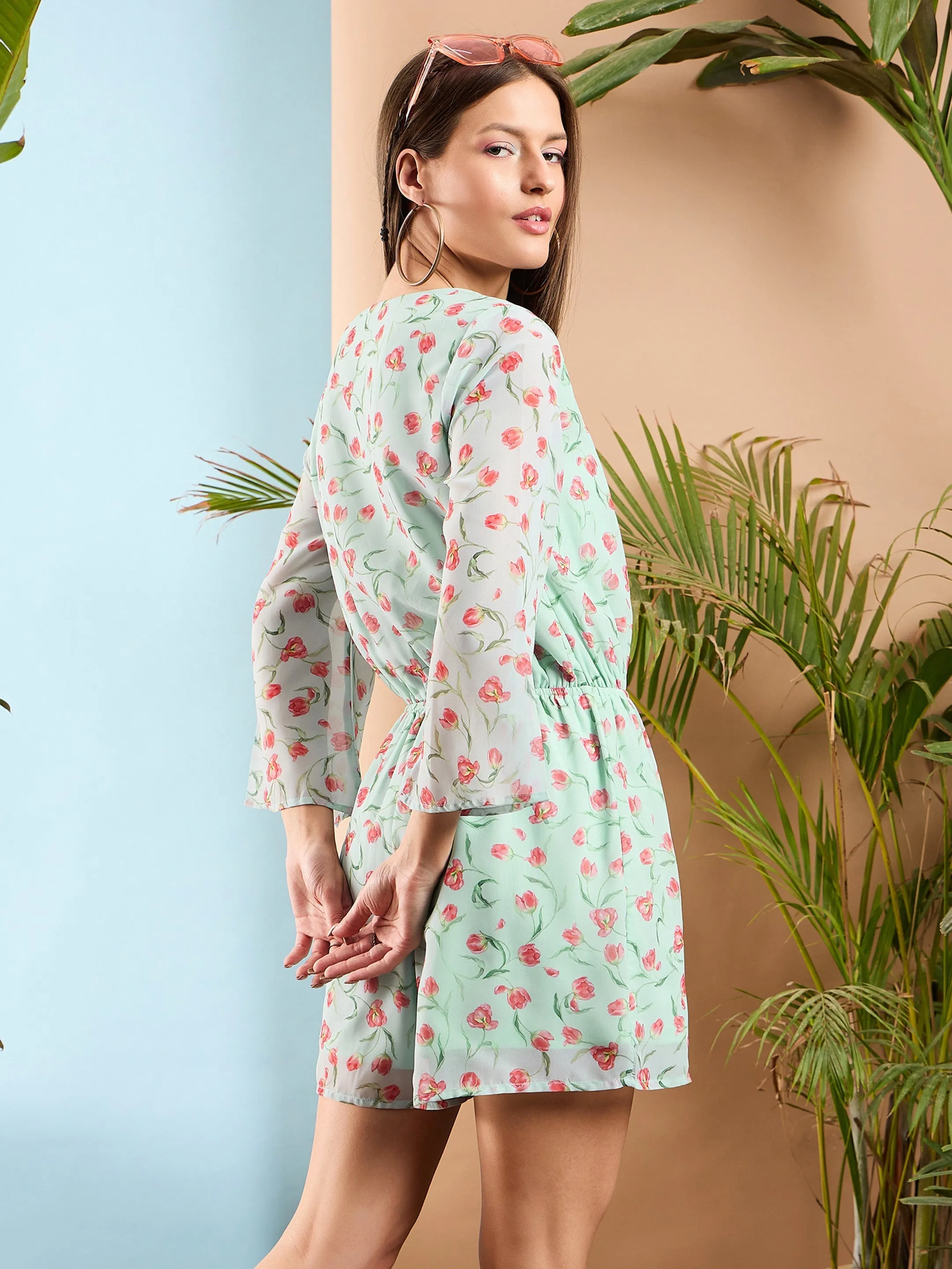 Women Sea Green Floral Wrap Romper