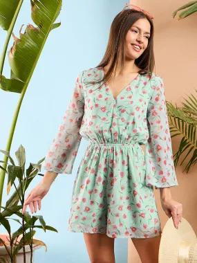 Women Sea Green Floral Wrap Romper