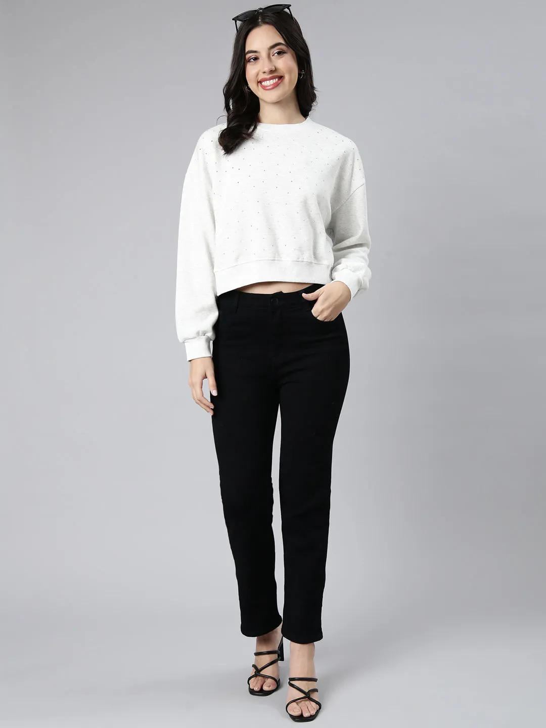 Women Self Design White Crop Sweatshirt