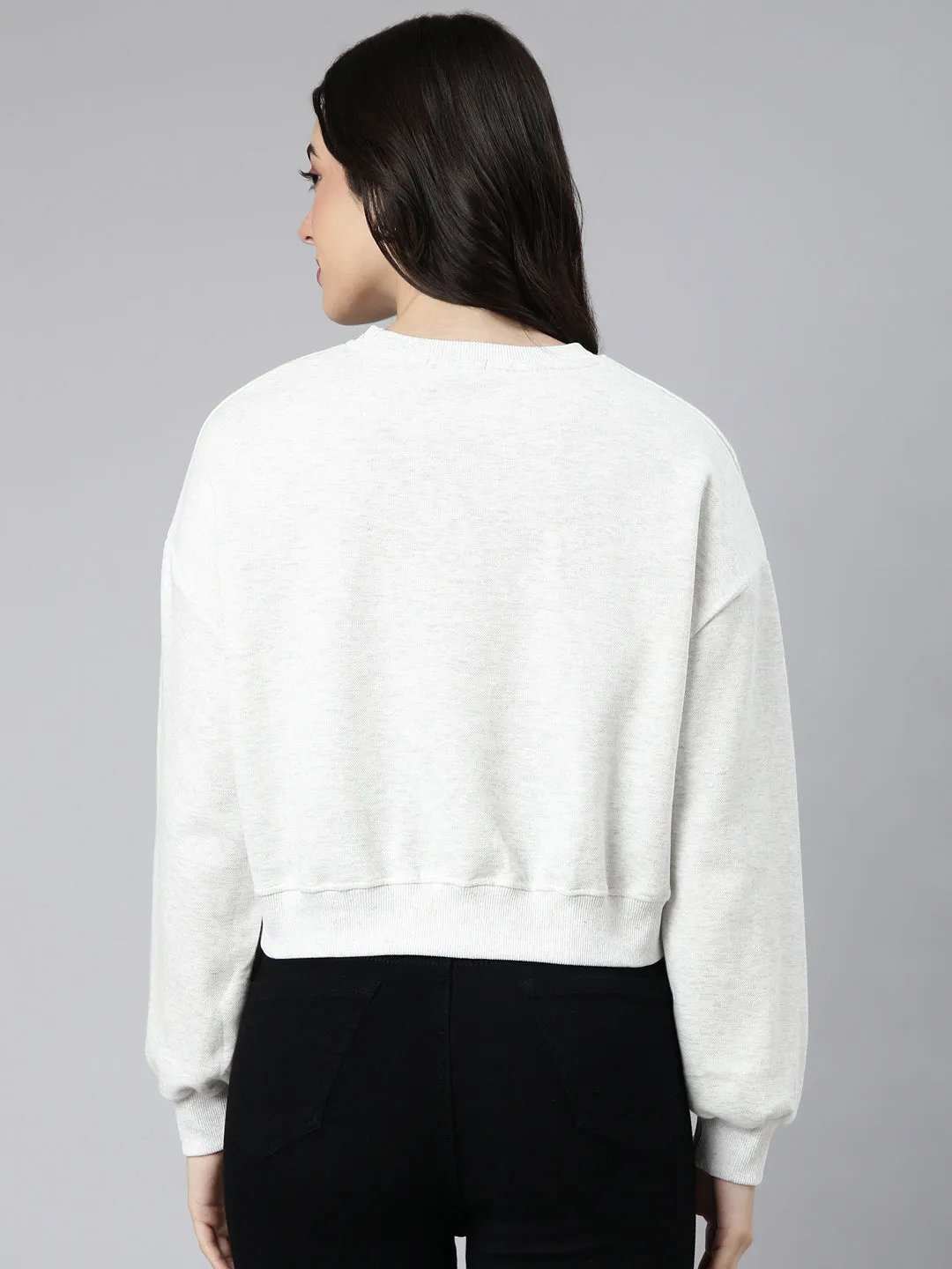 Women Self Design White Crop Sweatshirt