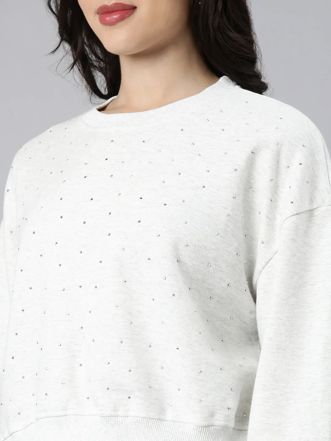 Women Self Design White Crop Sweatshirt