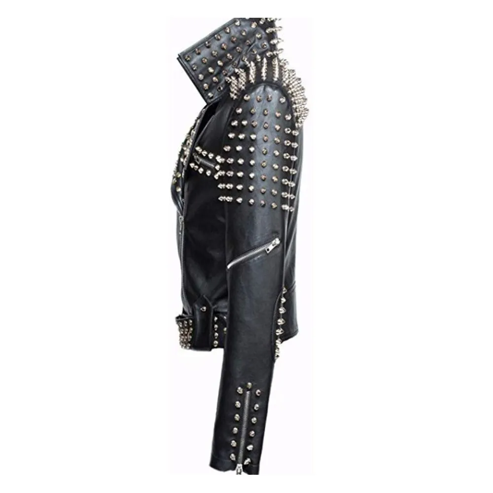 Women Slim Fit Studded Brando Leather Jacket