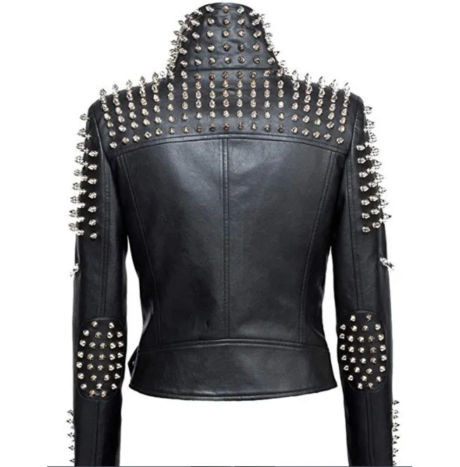 Women Slim Fit Studded Brando Leather Jacket