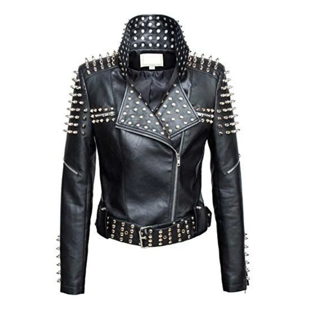 Women Slim Fit Studded Brando Leather Jacket