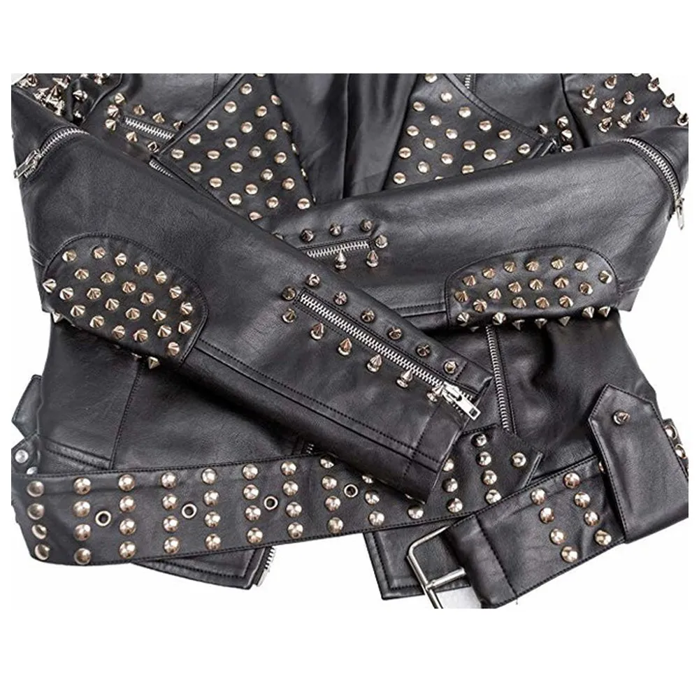 Women Slim Fit Studded Brando Leather Jacket