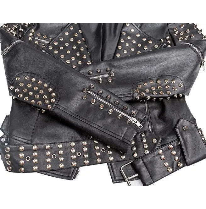 Women Slim Fit Studded Brando Leather Jacket