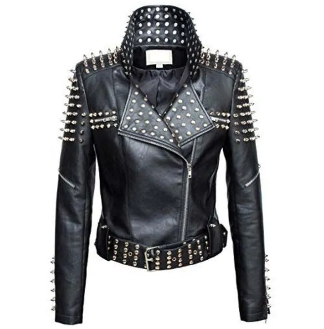 Women Slim Fit Studded Brando Leather Jacket