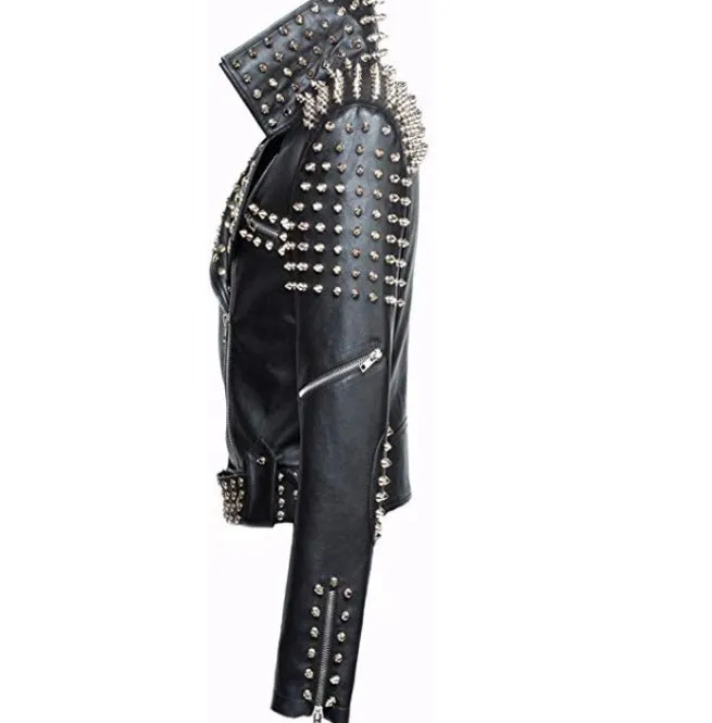 Women Slim Fit Studded Brando Leather Jacket