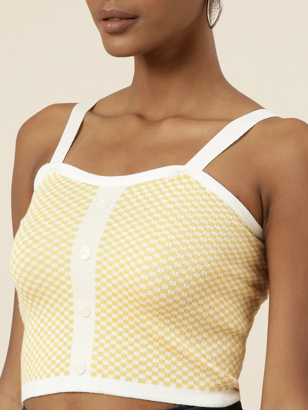 Women Yellow Checked Tank Crop Top