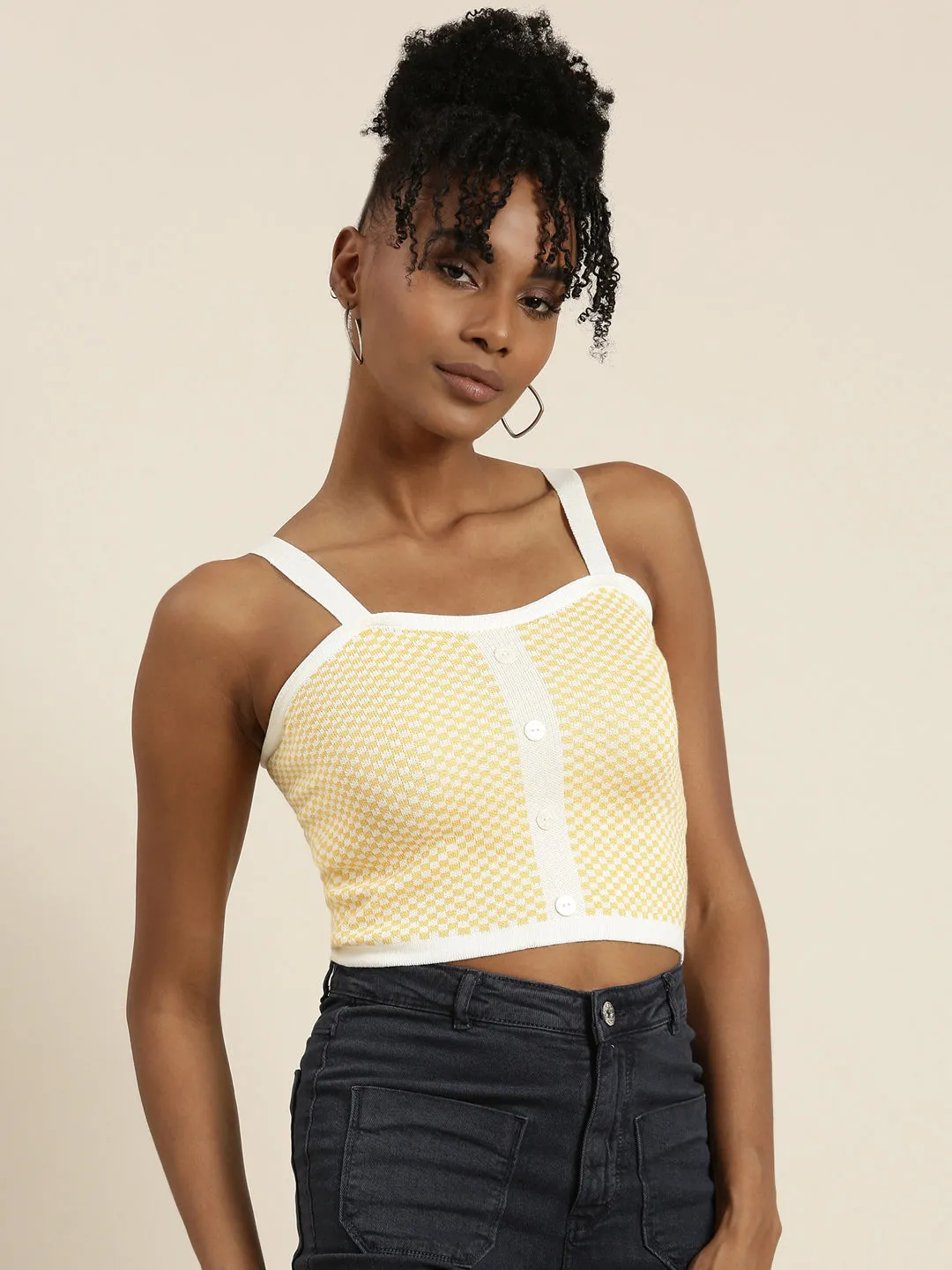 Women Yellow Checked Tank Crop Top