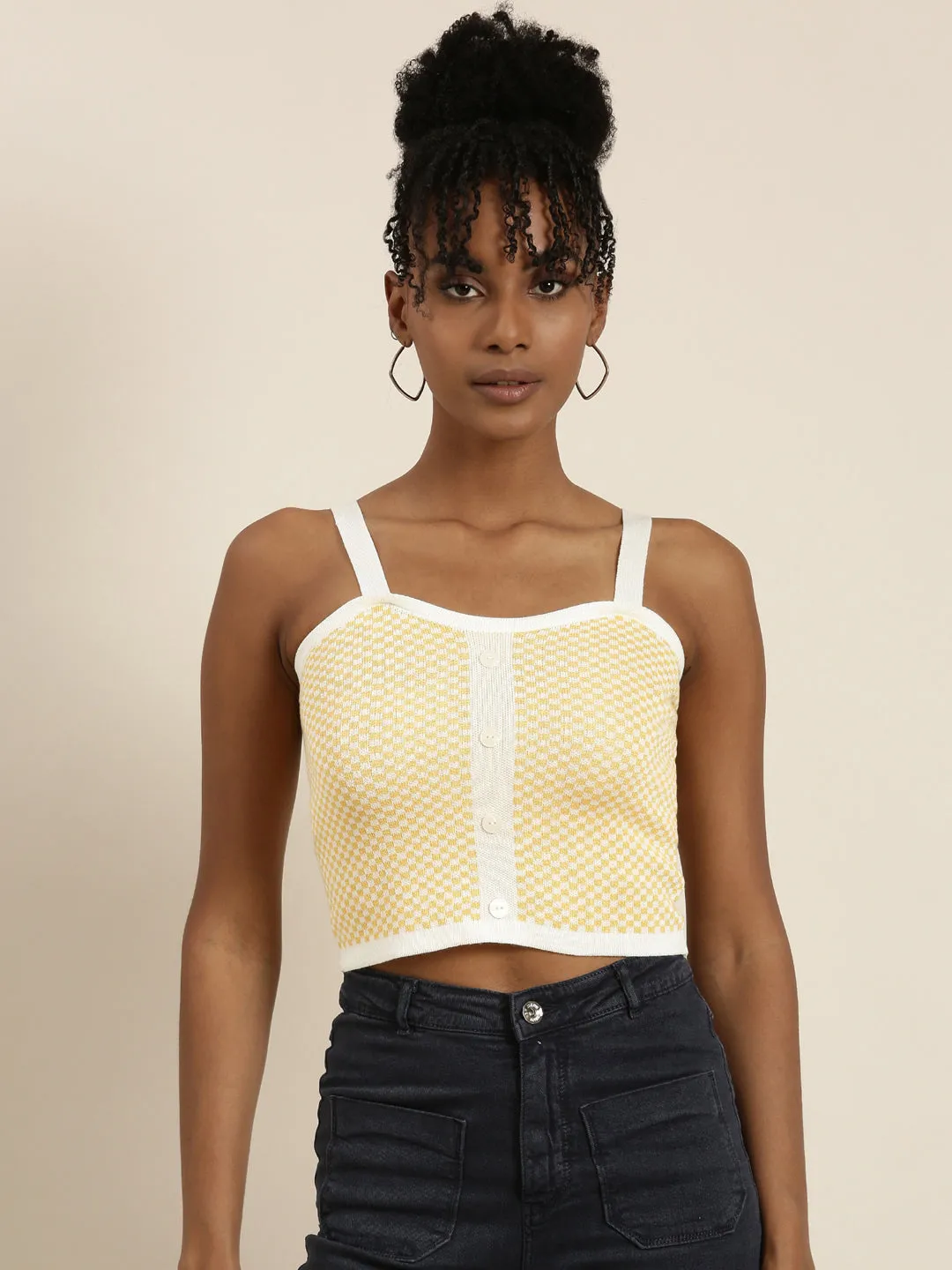 Women Yellow Checked Tank Crop Top