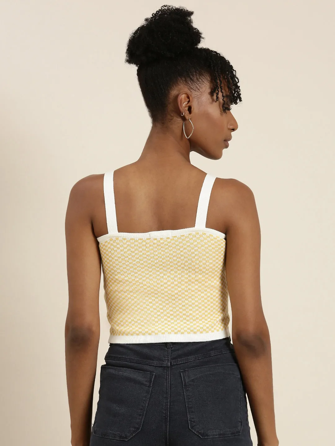 Women Yellow Checked Tank Crop Top