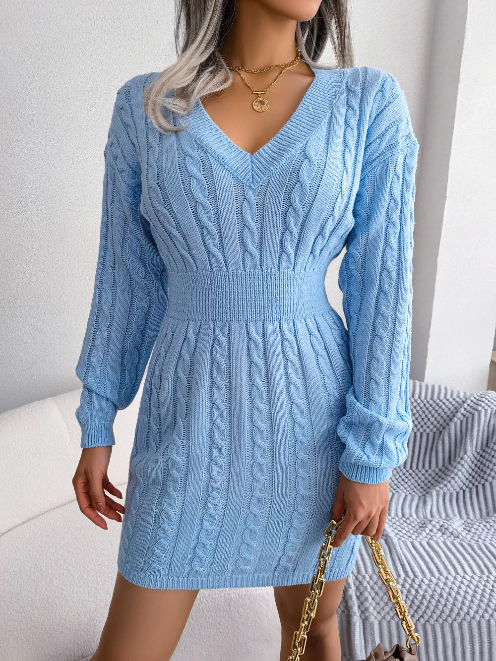 Women's Cable Knit  Dress V neck Slim Fit Sweater Dress in Blue