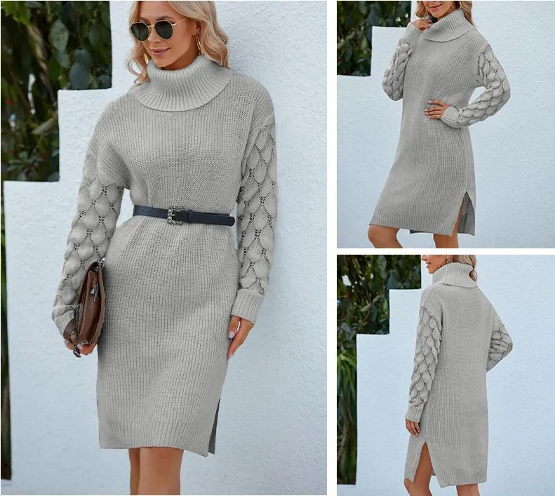 women's knitted solid-colored turtleneck, long sleeves, knee-length sweater dress with medium belt