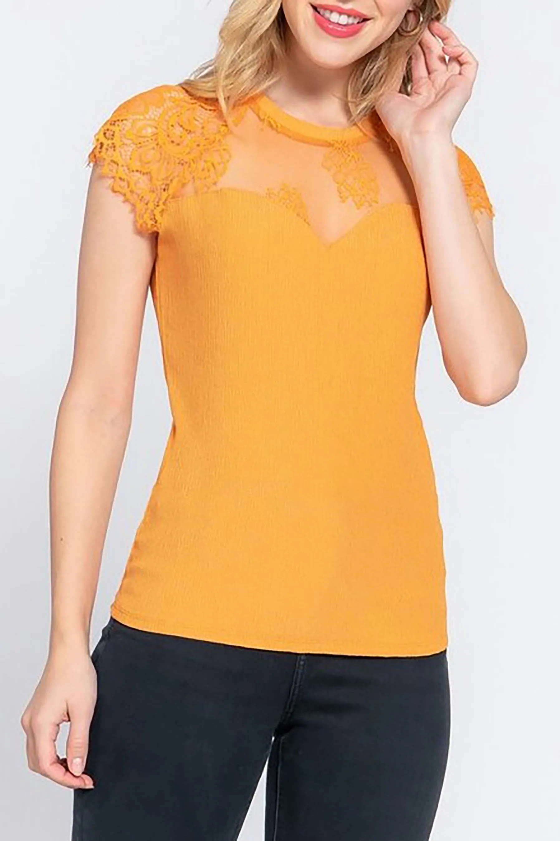 Women's Lace Ruffle Sleeve Texture Knit Top