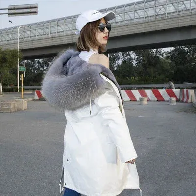 Women's Natural Raccoon and Rex Rabbit Fur Lining Parkas with Hood, Thick Winter Jacket