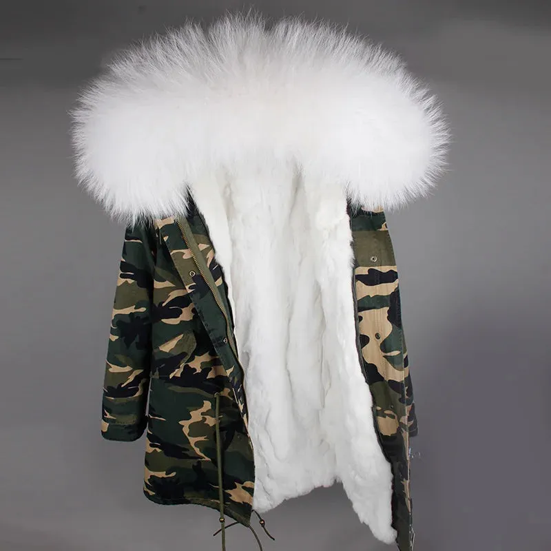 Women's Natural Raccoon and Rex Rabbit Fur Lining Parkas with Hood, Thick Winter Jacket