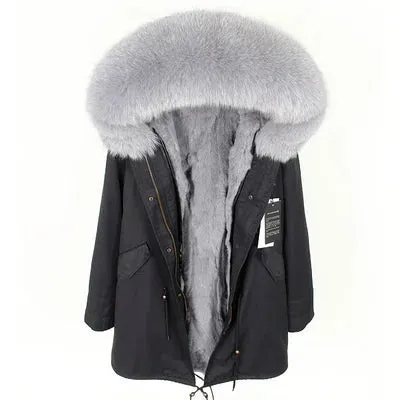 Women's Natural Raccoon and Rex Rabbit Fur Lining Parkas with Hood, Thick Winter Jacket