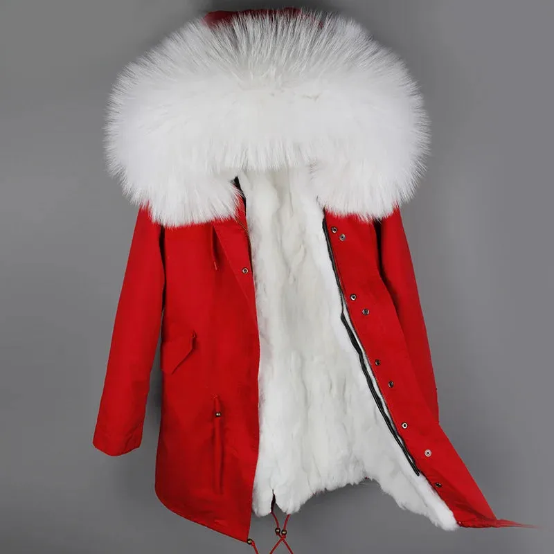 Women's Natural Raccoon and Rex Rabbit Fur Lining Parkas with Hood, Thick Winter Jacket