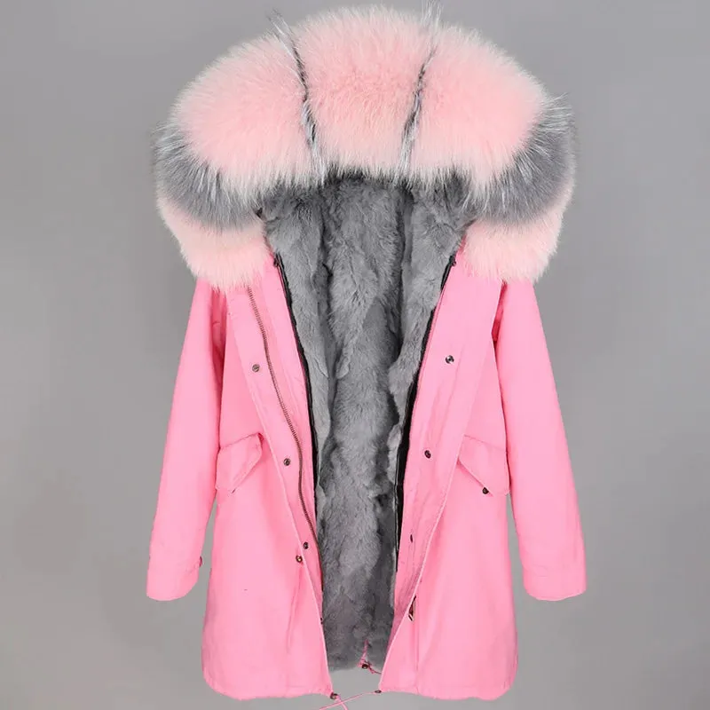 Women's Natural Raccoon and Rex Rabbit Fur Lining Parkas with Hood, Thick Winter Jacket