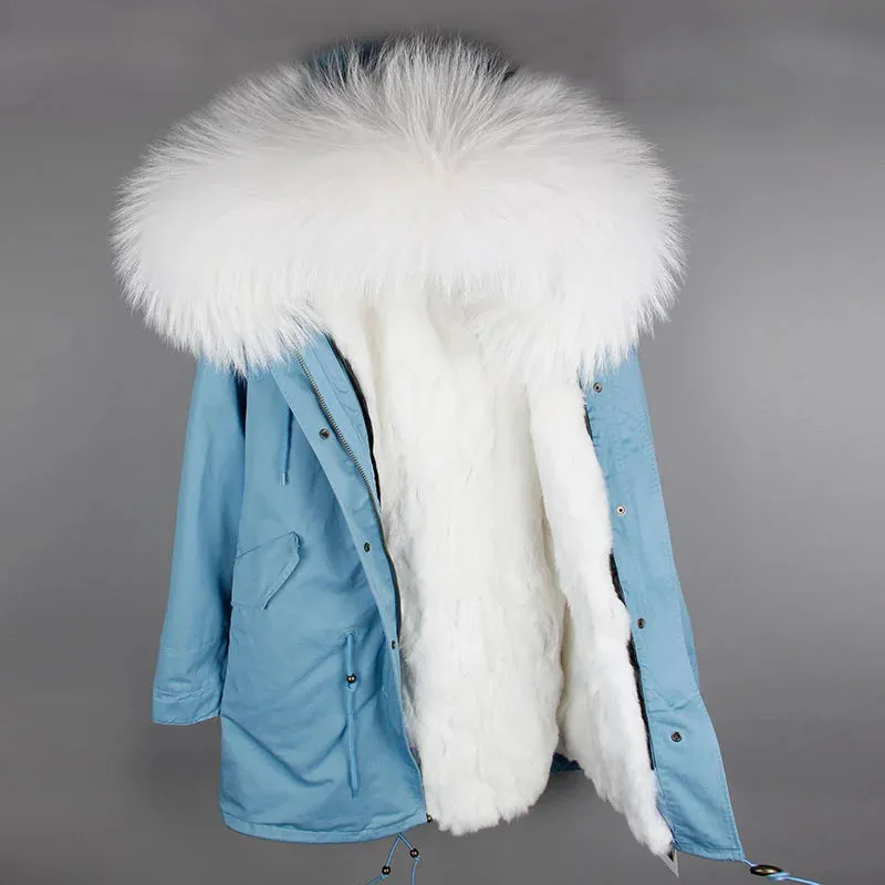 Women's Natural Raccoon and Rex Rabbit Fur Lining Parkas with Hood, Thick Winter Jacket