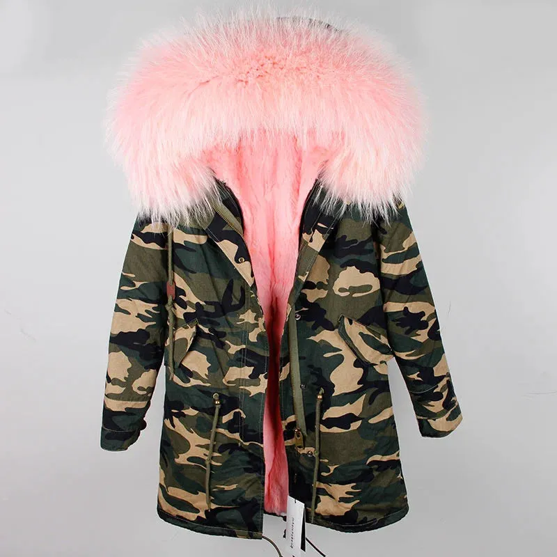 Women's Natural Raccoon and Rex Rabbit Fur Lining Parkas with Hood, Thick Winter Jacket