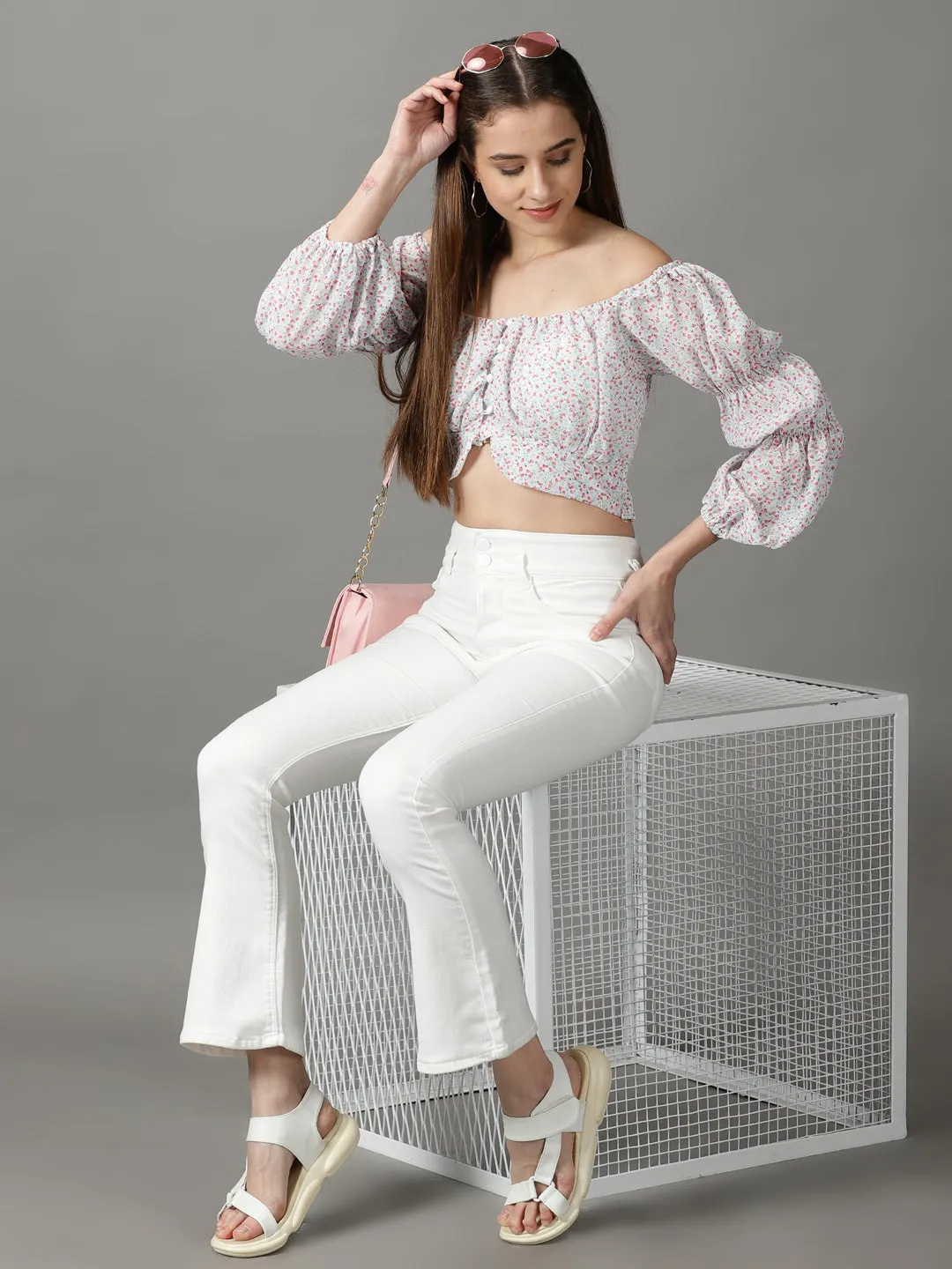 Women's White Printed Crop Top