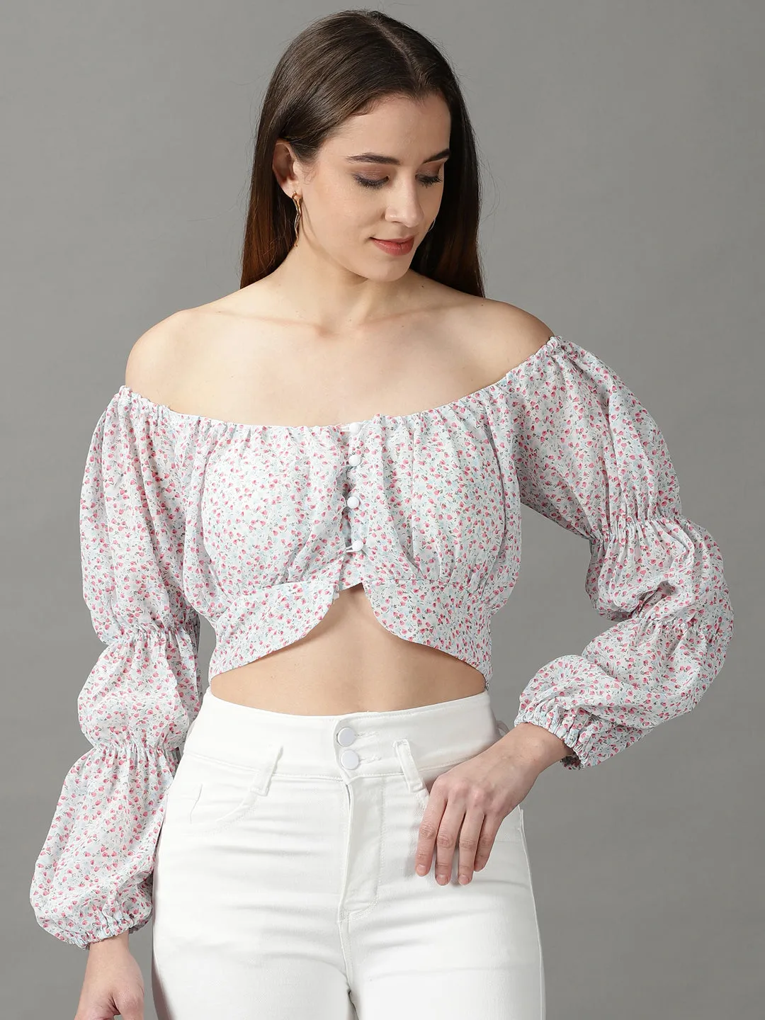 Women's White Printed Crop Top