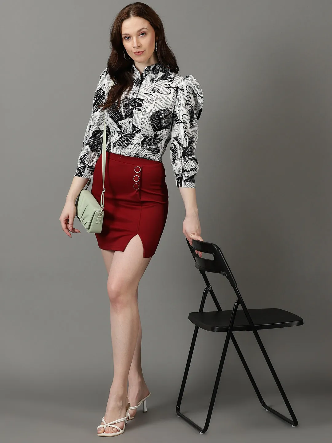 Women's White Printed Shirt Style Crop Top