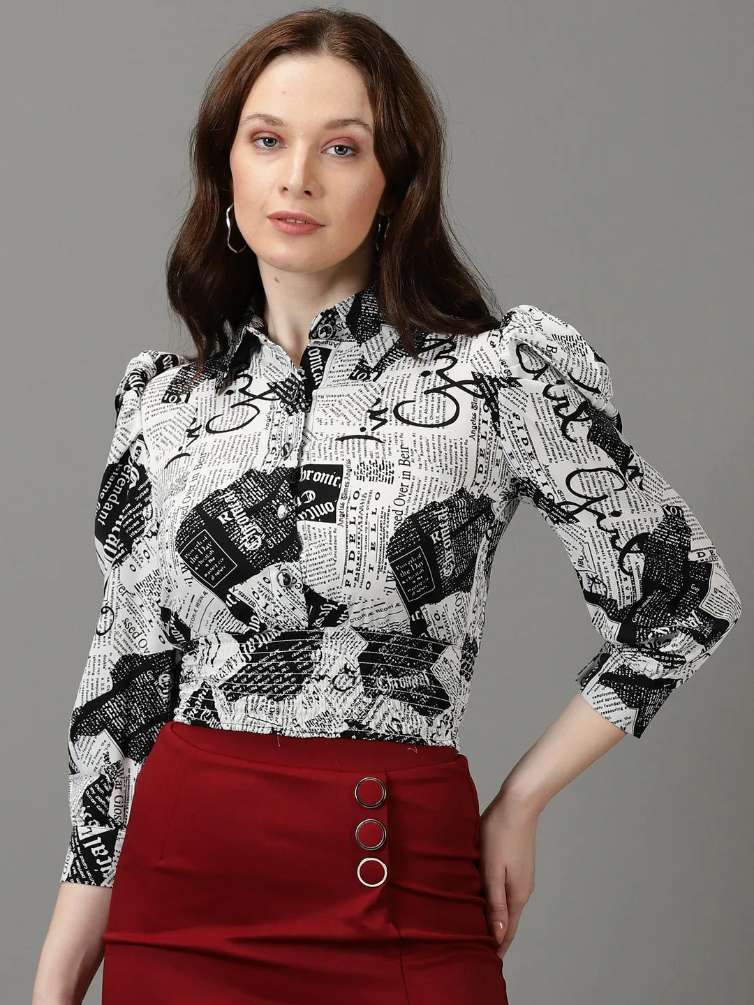 Women's White Printed Shirt Style Crop Top