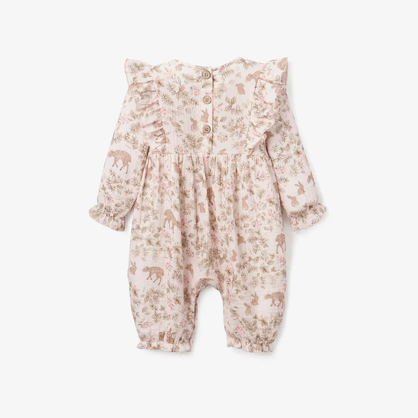 Woodland Print Organic Muslin Flutter Baby Jumpsuit