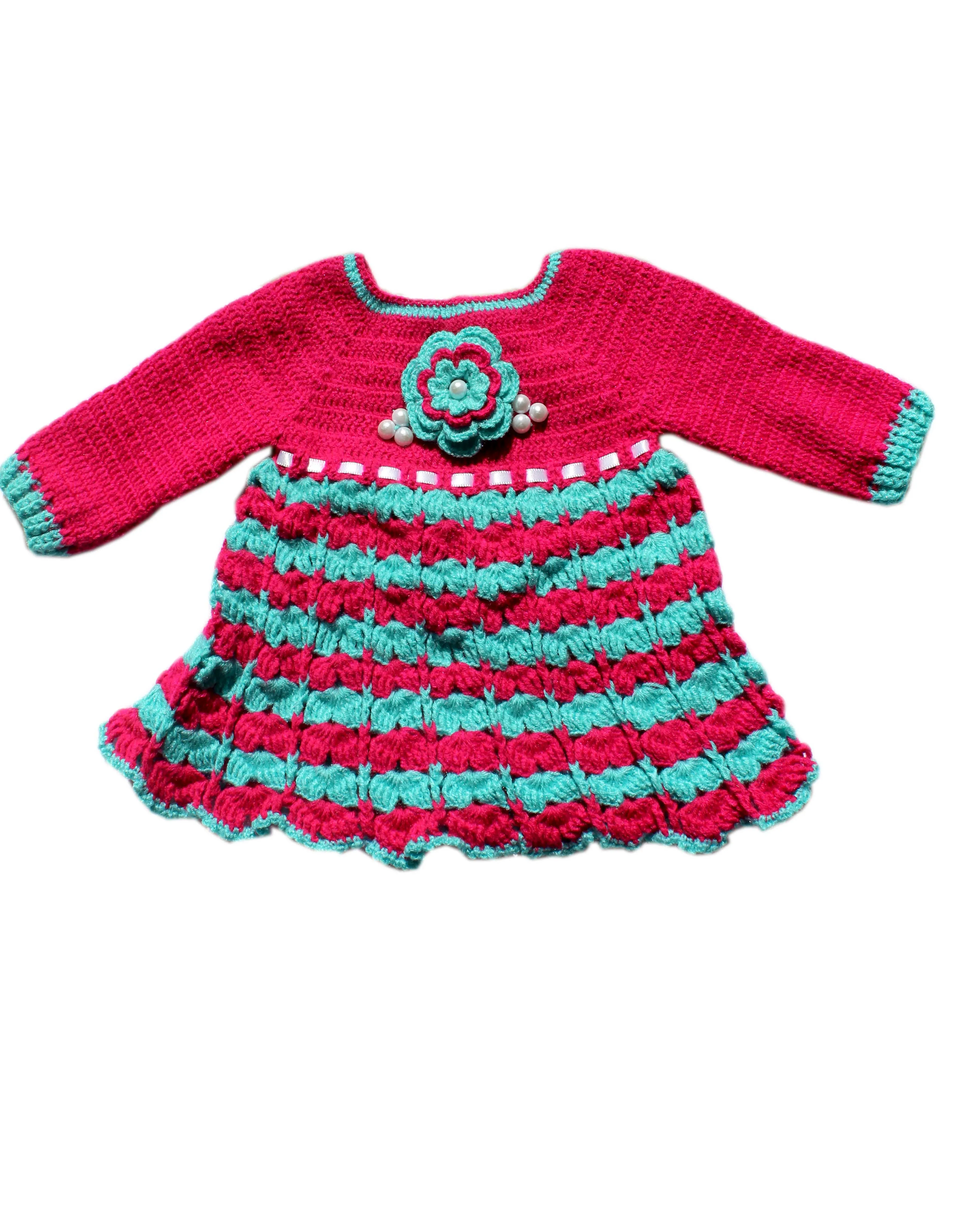 Woonie Handmade Graminarts Self Crochet Design Baby Frock With Pant- Red & Jungle