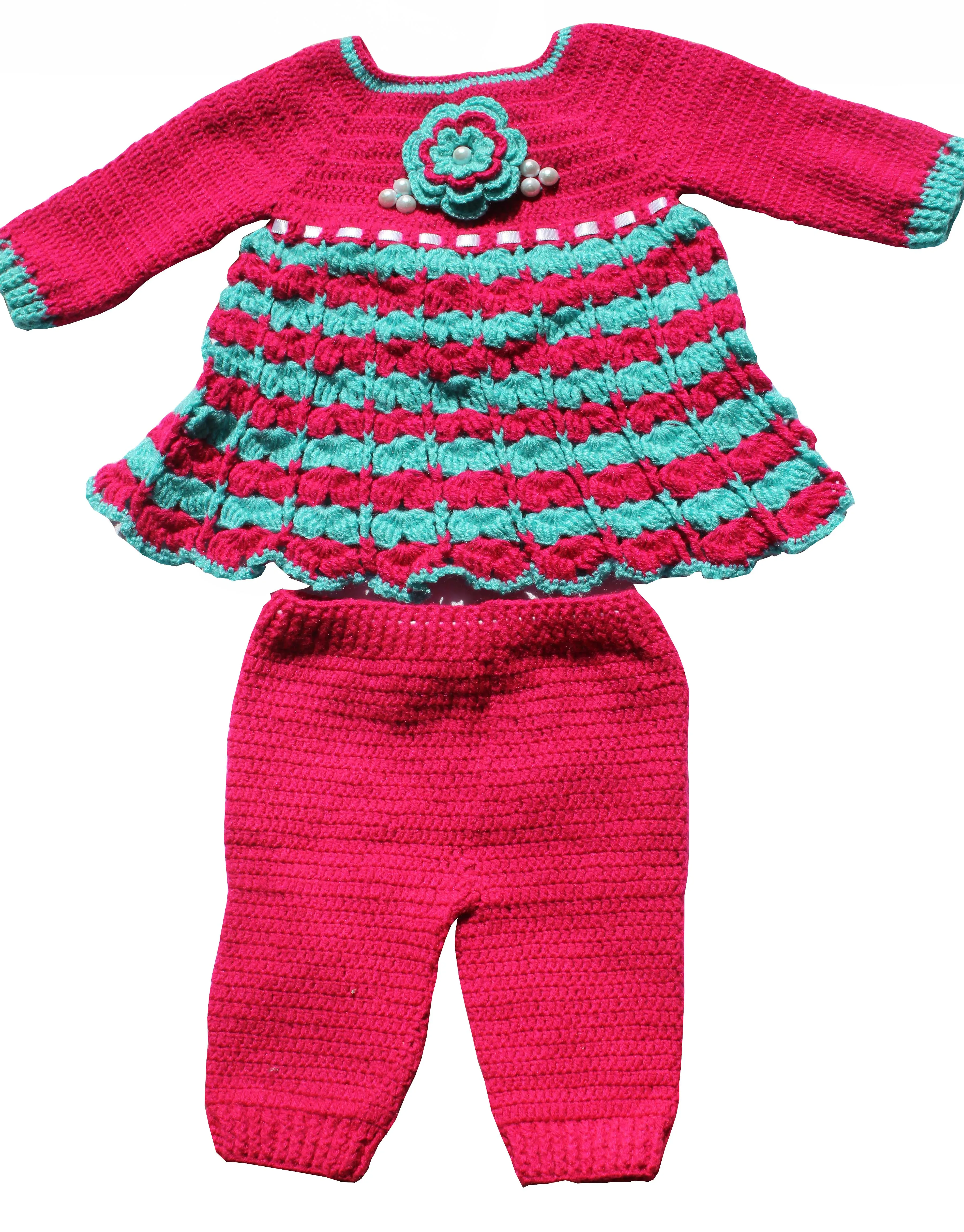 Woonie Handmade Graminarts Self Crochet Design Baby Frock With Pant- Red & Jungle