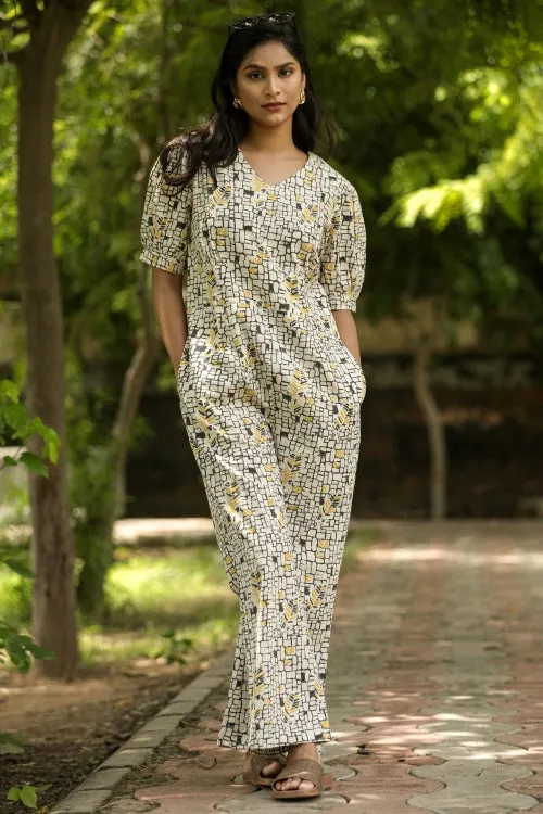 Yellow Black Bee Hand Block Printed Jumpsuit