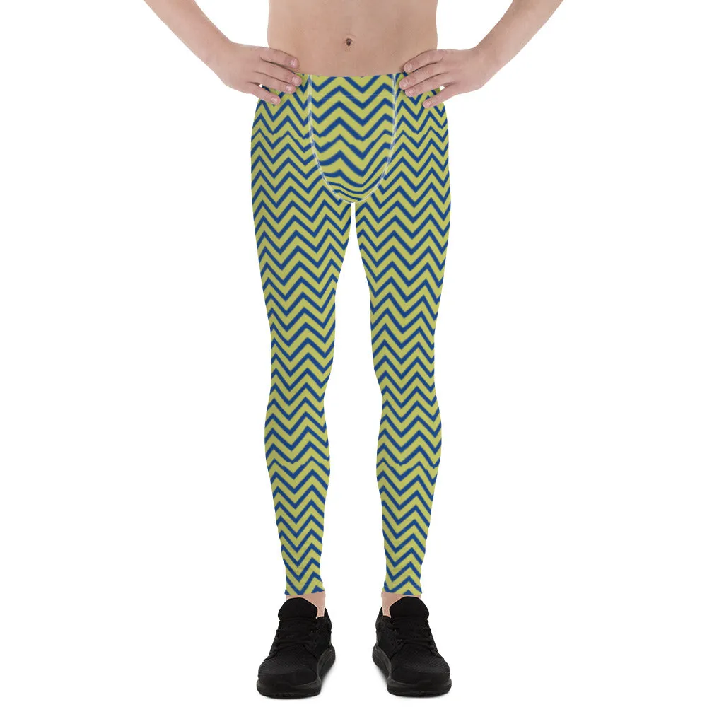 Yellow Blue Chevron Men's Leggings, Retro Style Meggings Compression Tights For Men-Made in USA/EU