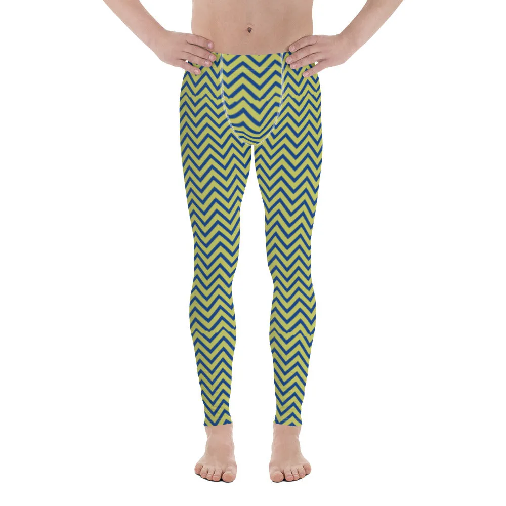 Yellow Blue Chevron Men's Leggings, Retro Style Meggings Compression Tights For Men-Made in USA/EU