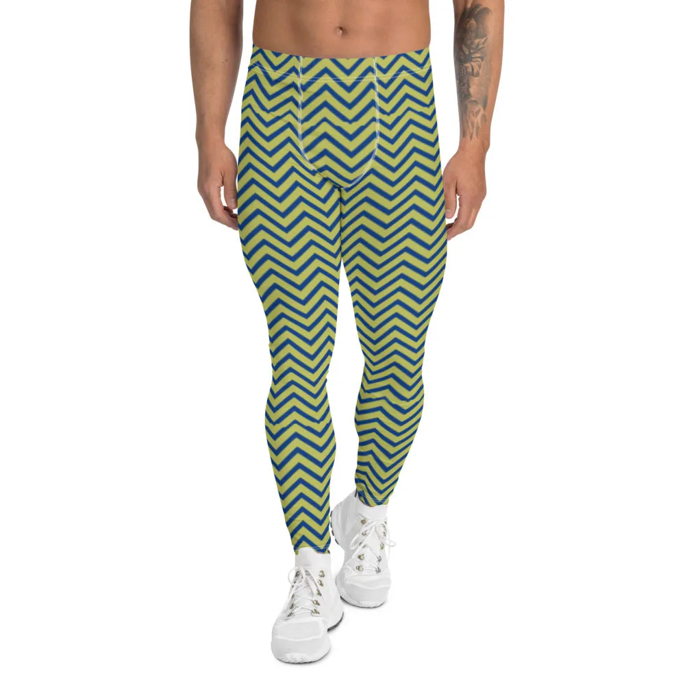 Yellow Blue Chevron Men's Leggings, Retro Style Meggings Compression Tights For Men-Made in USA/EU