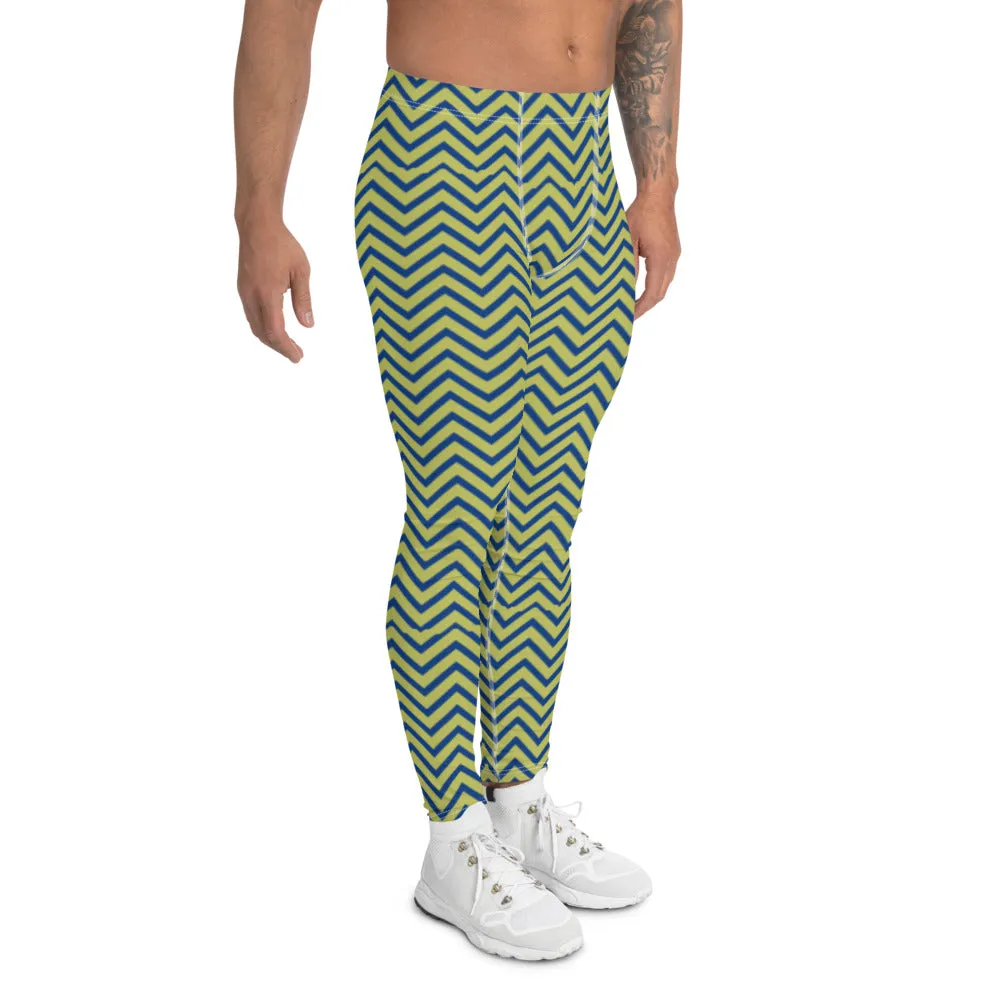 Yellow Blue Chevron Men's Leggings, Retro Style Meggings Compression Tights For Men-Made in USA/EU