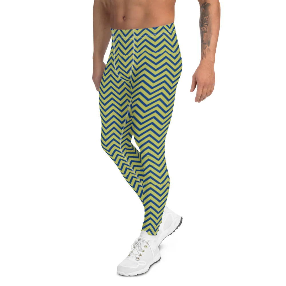 Yellow Blue Chevron Men's Leggings, Retro Style Meggings Compression Tights For Men-Made in USA/EU