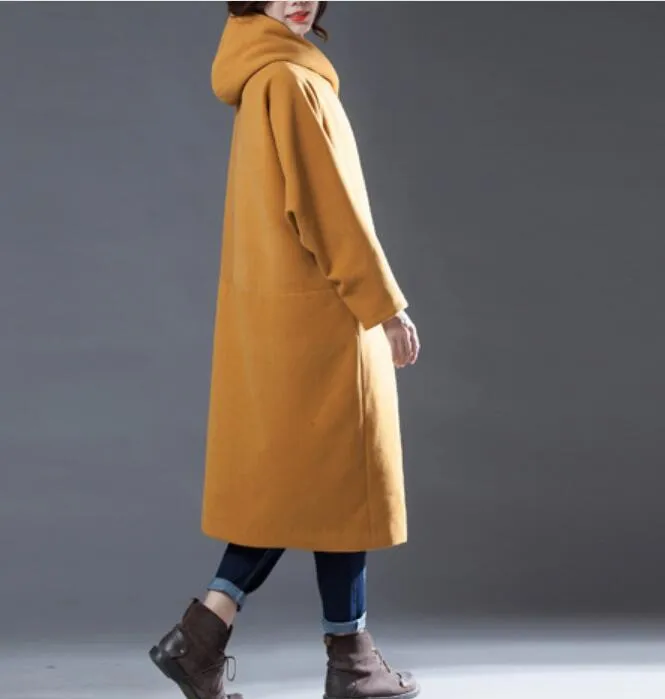 Yellow Women Double Breasted Coat Handmade Long loose Women Wool Coat Jacket